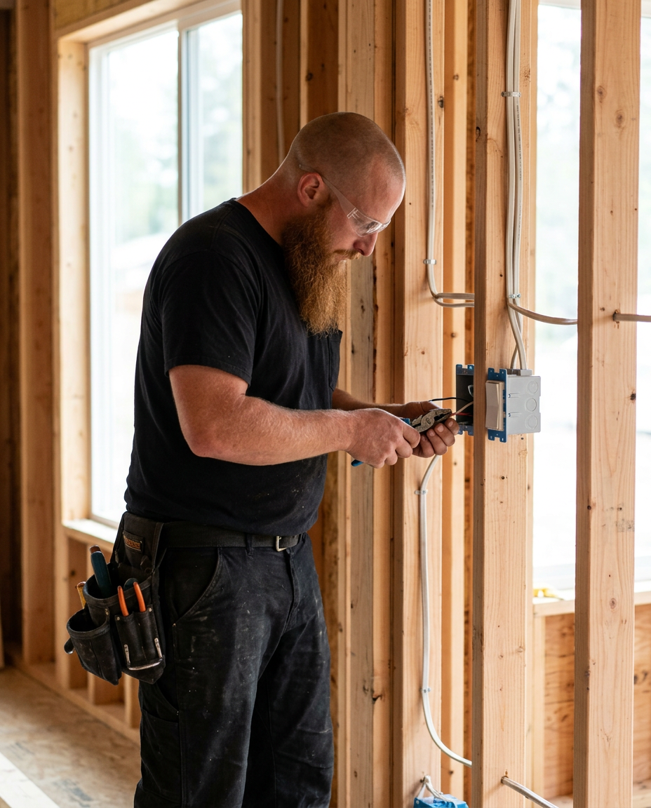 Logan Pierce completing electrical rough-in work in a newly framed home