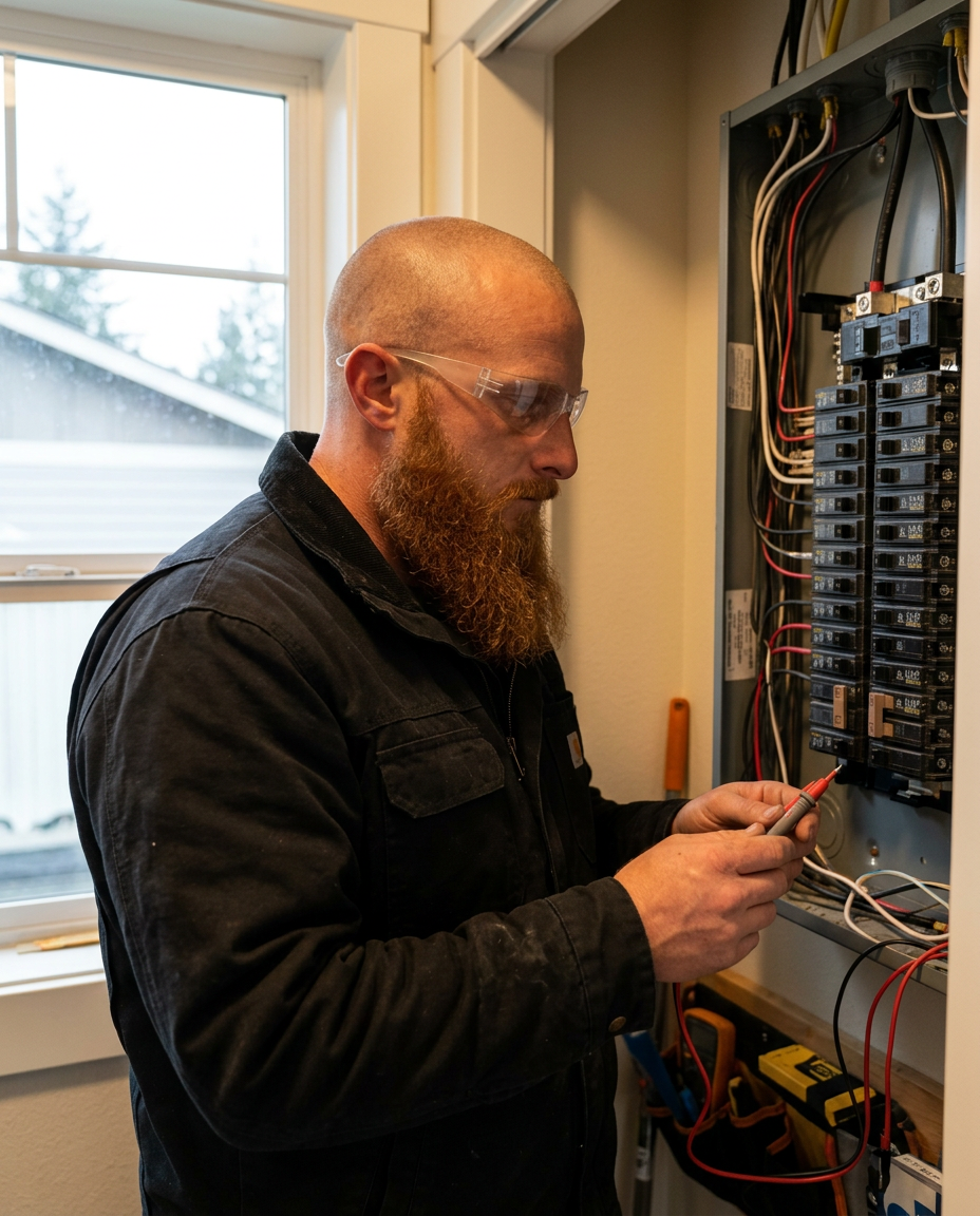 Electrician inspecting a residential electrical panel