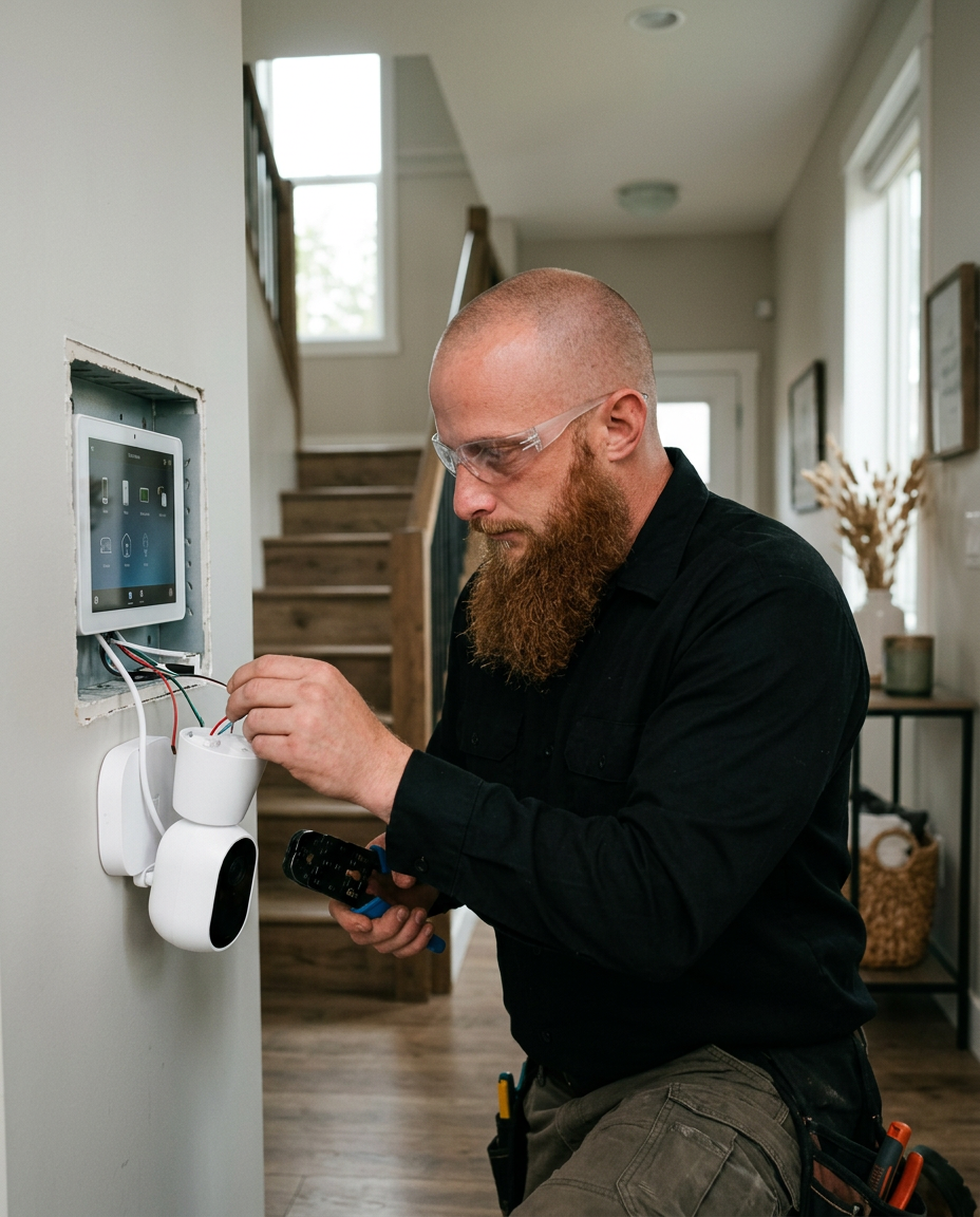 Electrician configuring residential smart-home equipment