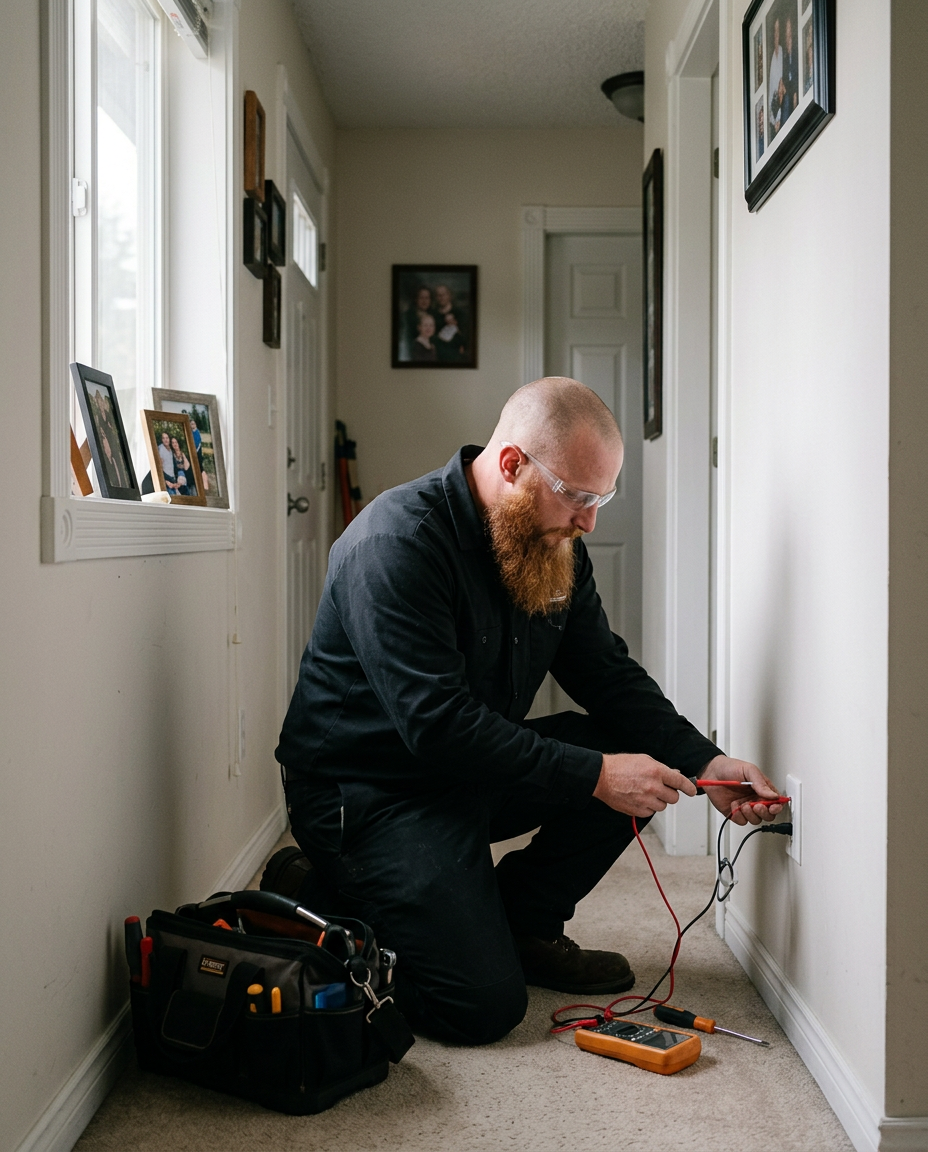 Electrician troubleshooting a residential outlet